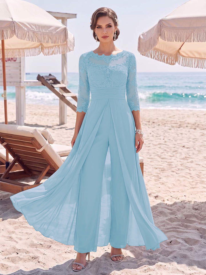 Jumpsuit Scoop 3/4 Sleeves Floor-Length Mother of the Bride Dresses with Applique &amp; Lace