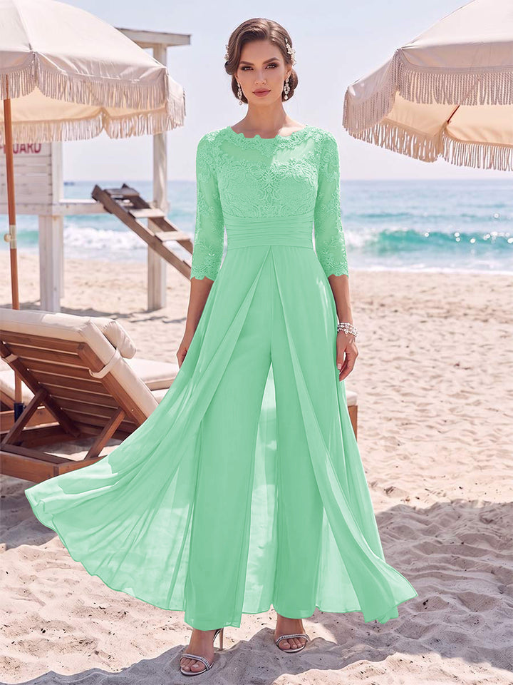 Jumpsuit Scoop 3/4 Sleeves Floor-Length Mother of the Bride Dresses with Applique &amp; Lace