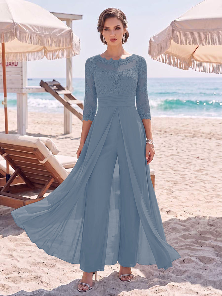 Jumpsuit Scoop 3/4 Sleeves Floor-Length Mother of the Bride Dresses with Applique &amp; Lace