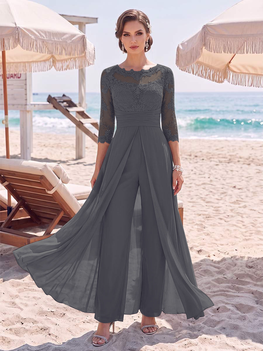 Jumpsuit Scoop 3/4 Sleeves Floor-Length Mother of the Bride Dresses with Applique &amp; Lace