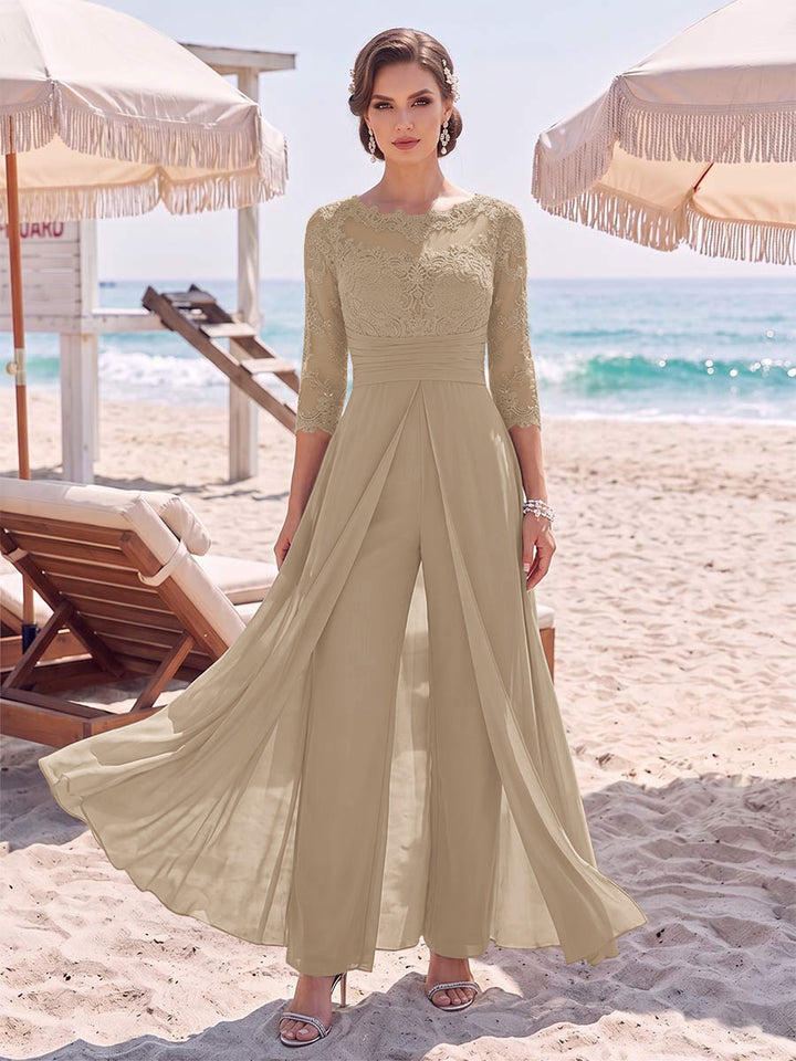 Jumpsuit Scoop 3/4 Sleeves Floor-Length Mother of the Bride Dresses with Applique &amp; Lace