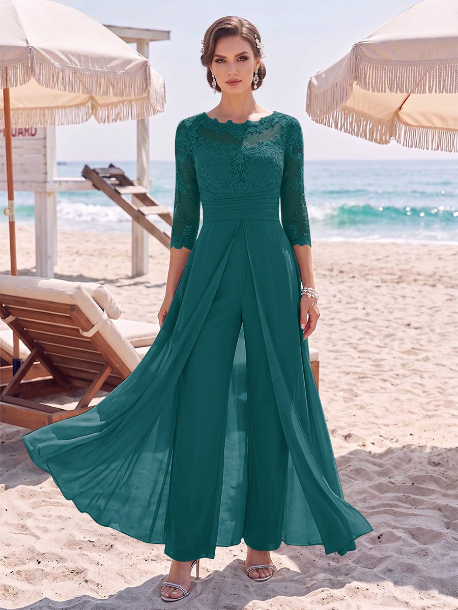Jumpsuit Scoop 3/4 Sleeves Floor-Length Mother of the Bride Dresses with Applique &amp; Lace