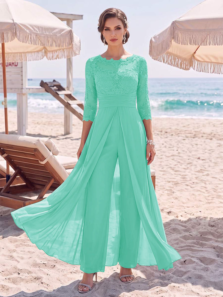 Jumpsuit Scoop 3/4 Sleeves Floor-Length Mother of the Bride Dresses with Applique &amp; Lace