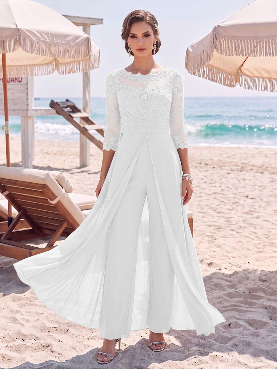 Jumpsuit Scoop 3/4 Sleeves Floor-Length Mother of the Bride Dresses with Applique &amp; Lace