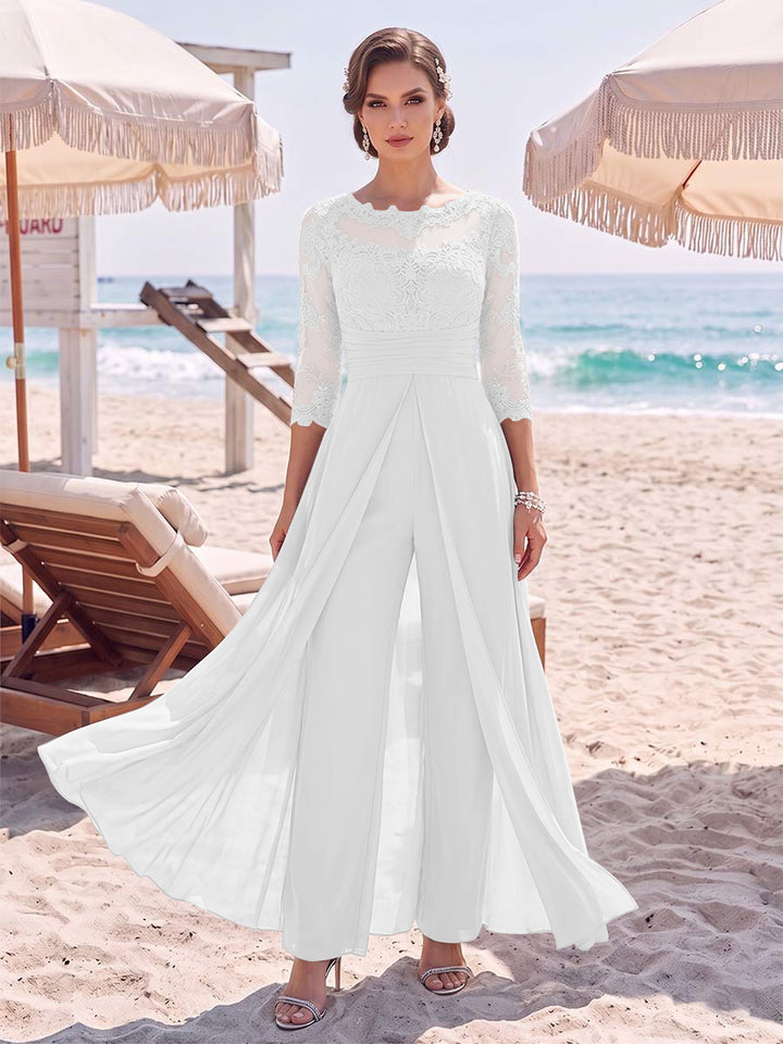 Jumpsuit Scoop 3/4 Sleeves Floor-Length Mother of the Bride Dresses with Applique &amp; Lace