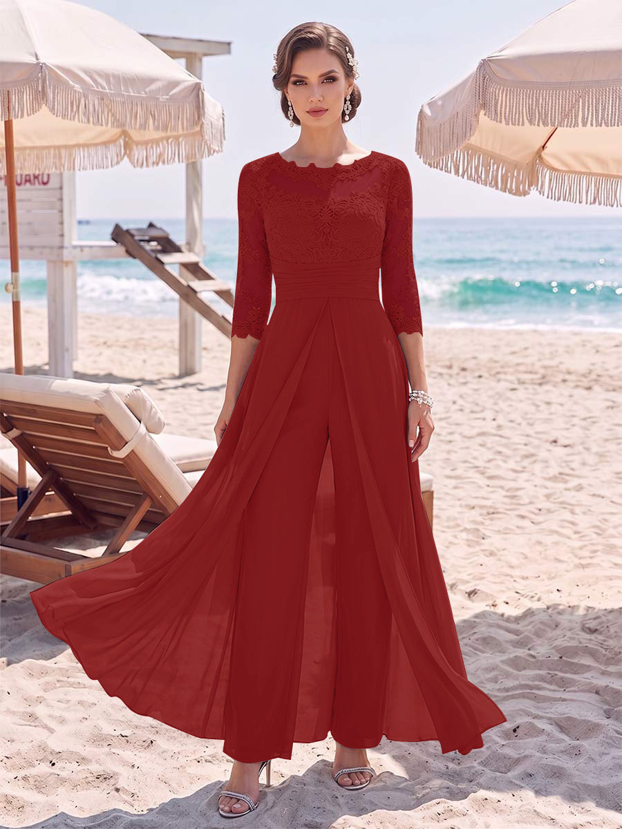 Jumpsuit Scoop 3/4 Sleeves Floor-Length Mother of the Bride Dresses with Applique &amp; Lace