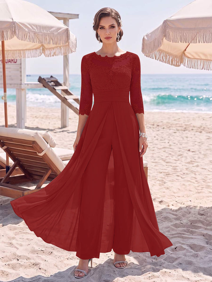 Jumpsuit Scoop 3/4 Sleeves Floor-Length Mother of the Bride Dresses with Applique &amp; Lace