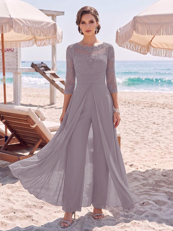 Jumpsuit Scoop 3/4 Sleeves Floor-Length Mother of the Bride Dresses with Applique &amp; Lace