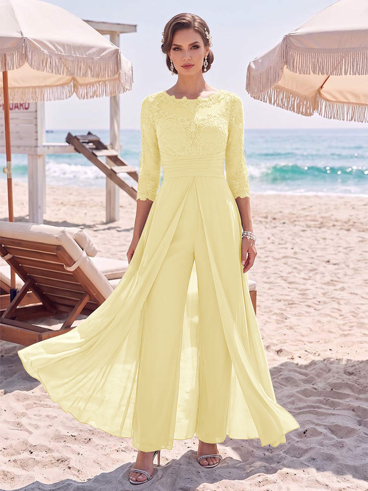 Jumpsuit Scoop 3/4 Sleeves Floor-Length Mother of the Bride Dresses with Applique &amp; Lace
