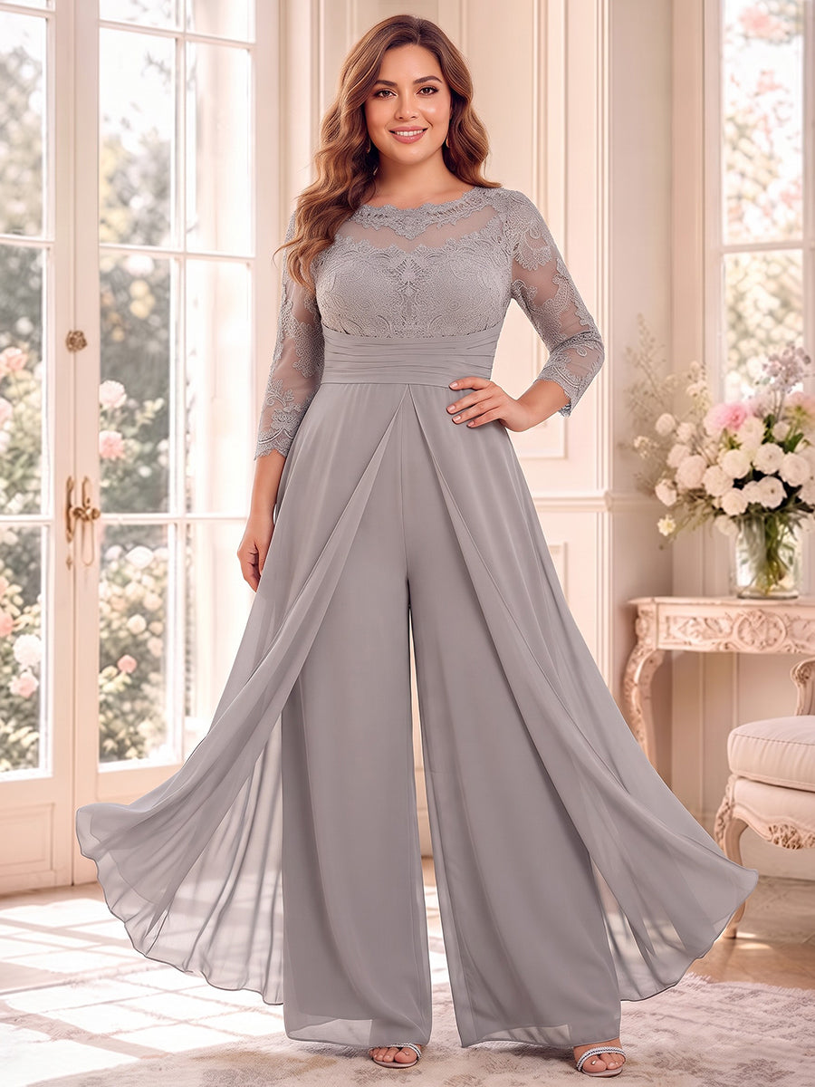 Jumpsuits Scoop 3/4 Sleeves Chiffon Floor-Length Plus Size Mother of the Bride Dresses with Applique &amp; Lace