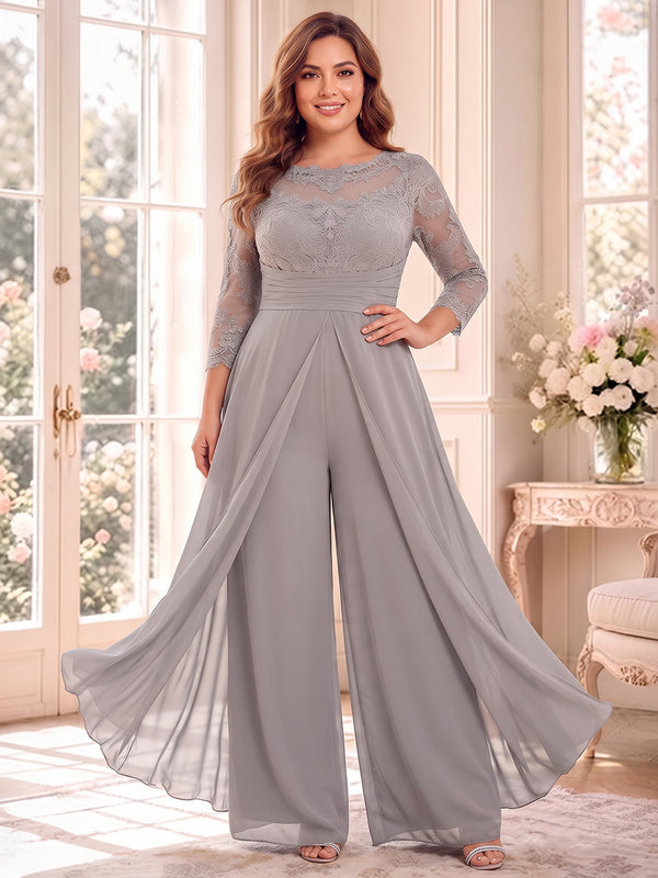 Jumpsuits Scoop 3/4 Sleeves Chiffon Floor-Length Plus Size Mother of the Bride Dresses with Applique & Lace