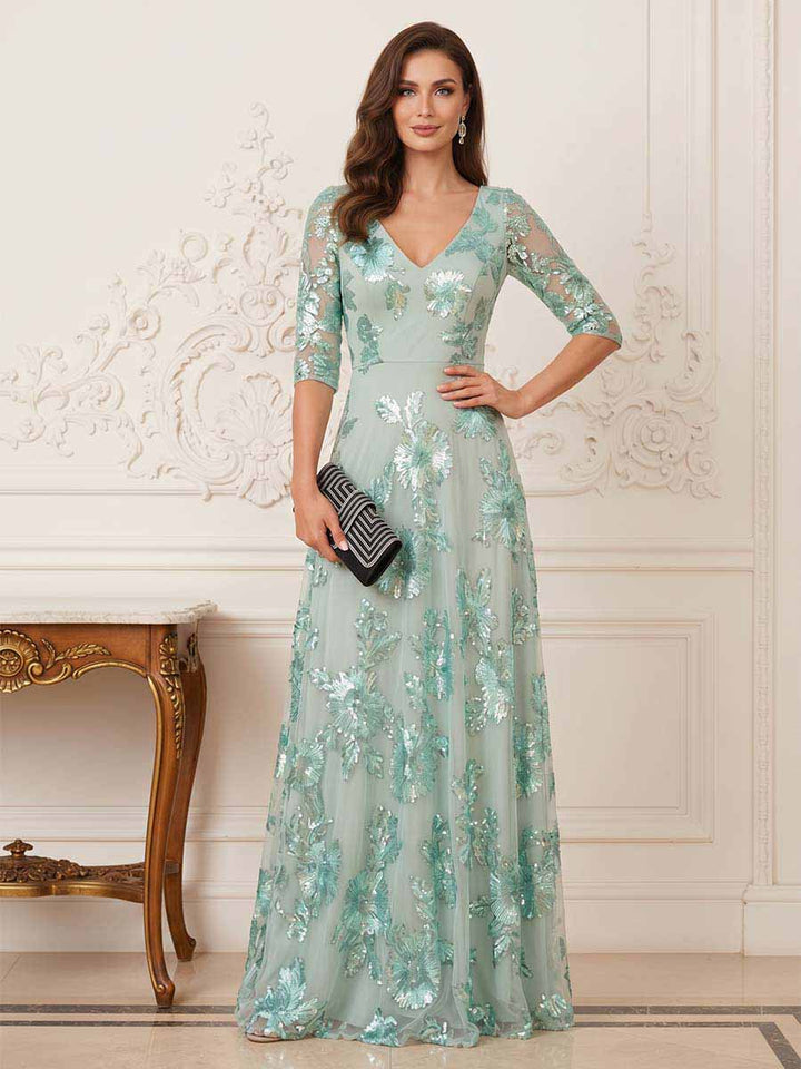 A-Line/Princess Half Sleeves V-Neck Floor-Length Mother Of The Bride Dresses With Lace &amp; Applique