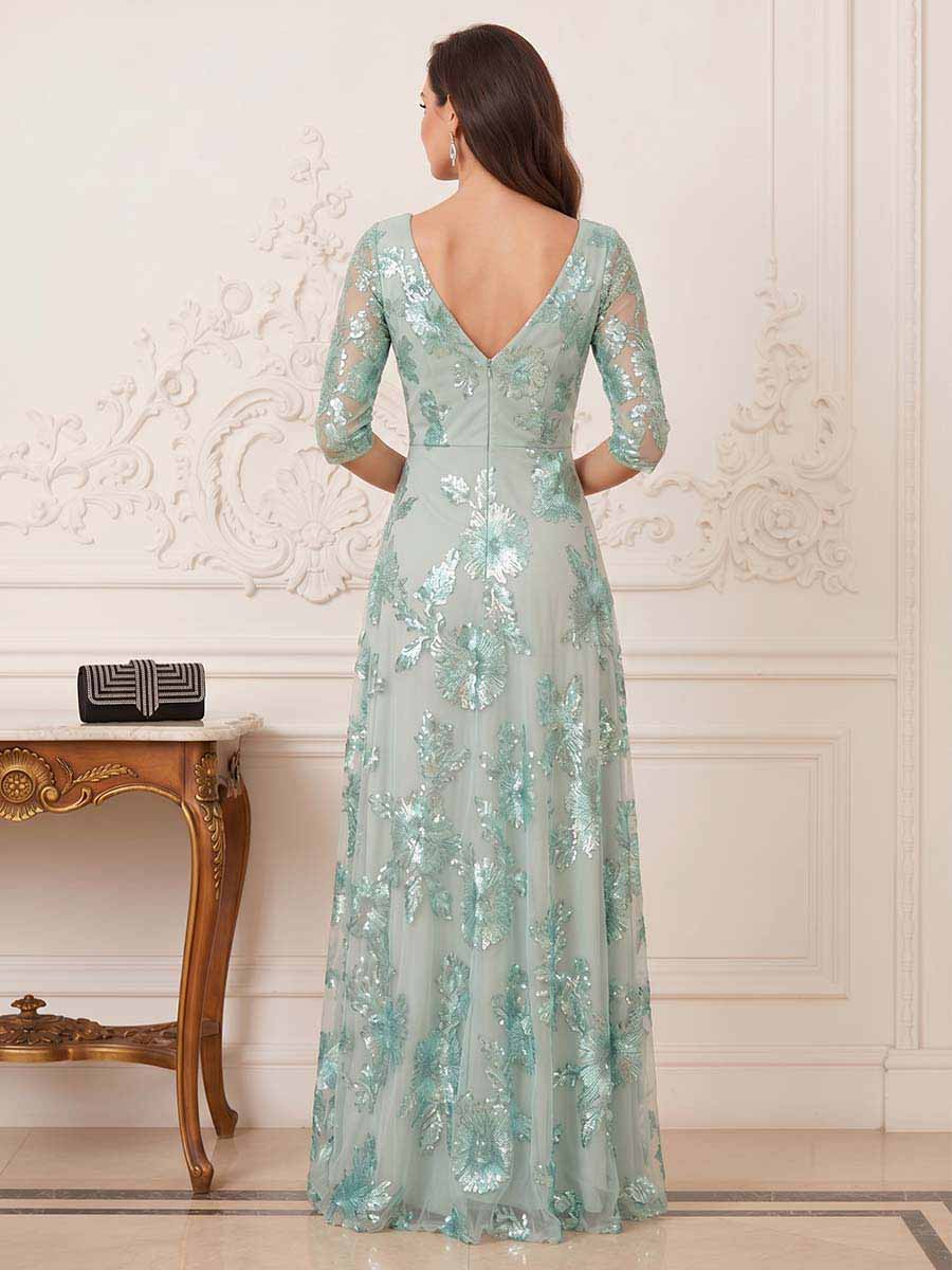 A-Line/Princess Half Sleeves V-Neck Floor-Length Mother Of The Bride Dresses With Lace &amp; Applique