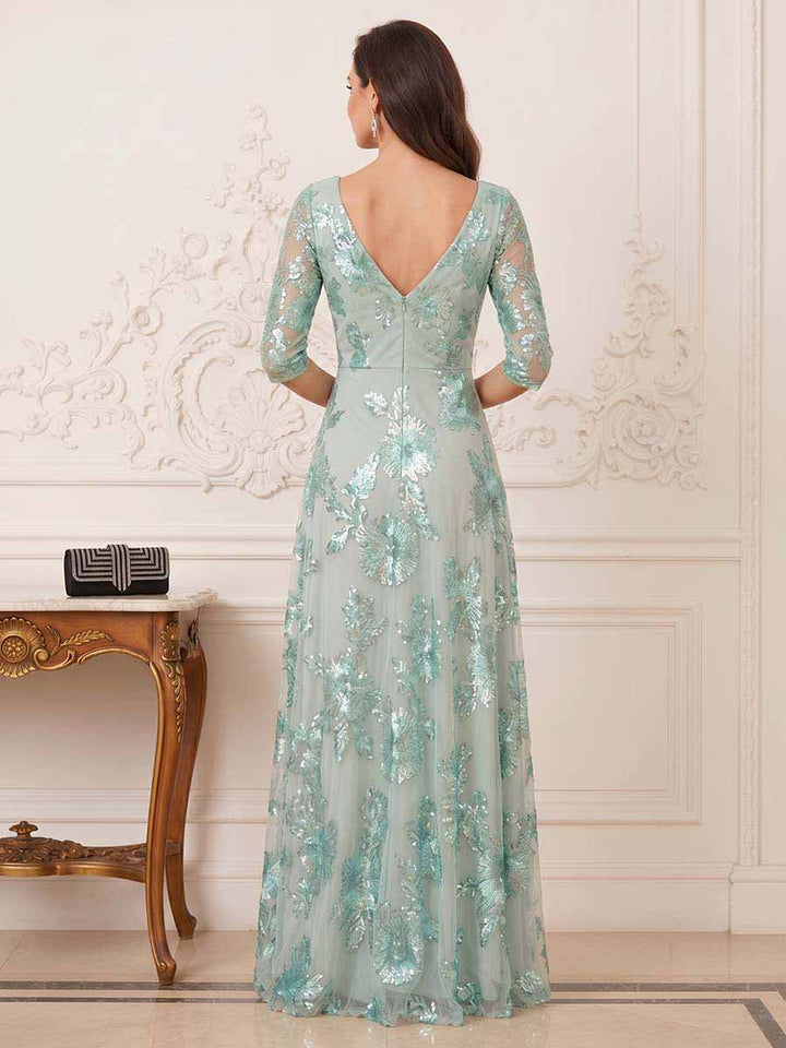 A-Line/Princess Half Sleeves V-Neck Floor-Length Mother Of The Bride Dresses With Lace &amp; Applique