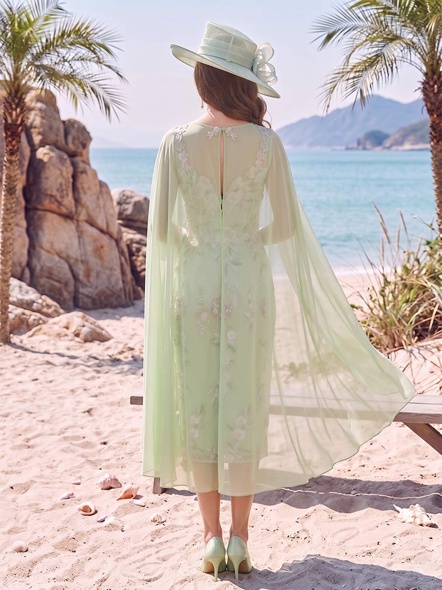 Sheath/Column Scoop Sleeveless Knee-Length Mother of the Bride Dresses with Applique &amp; Cape