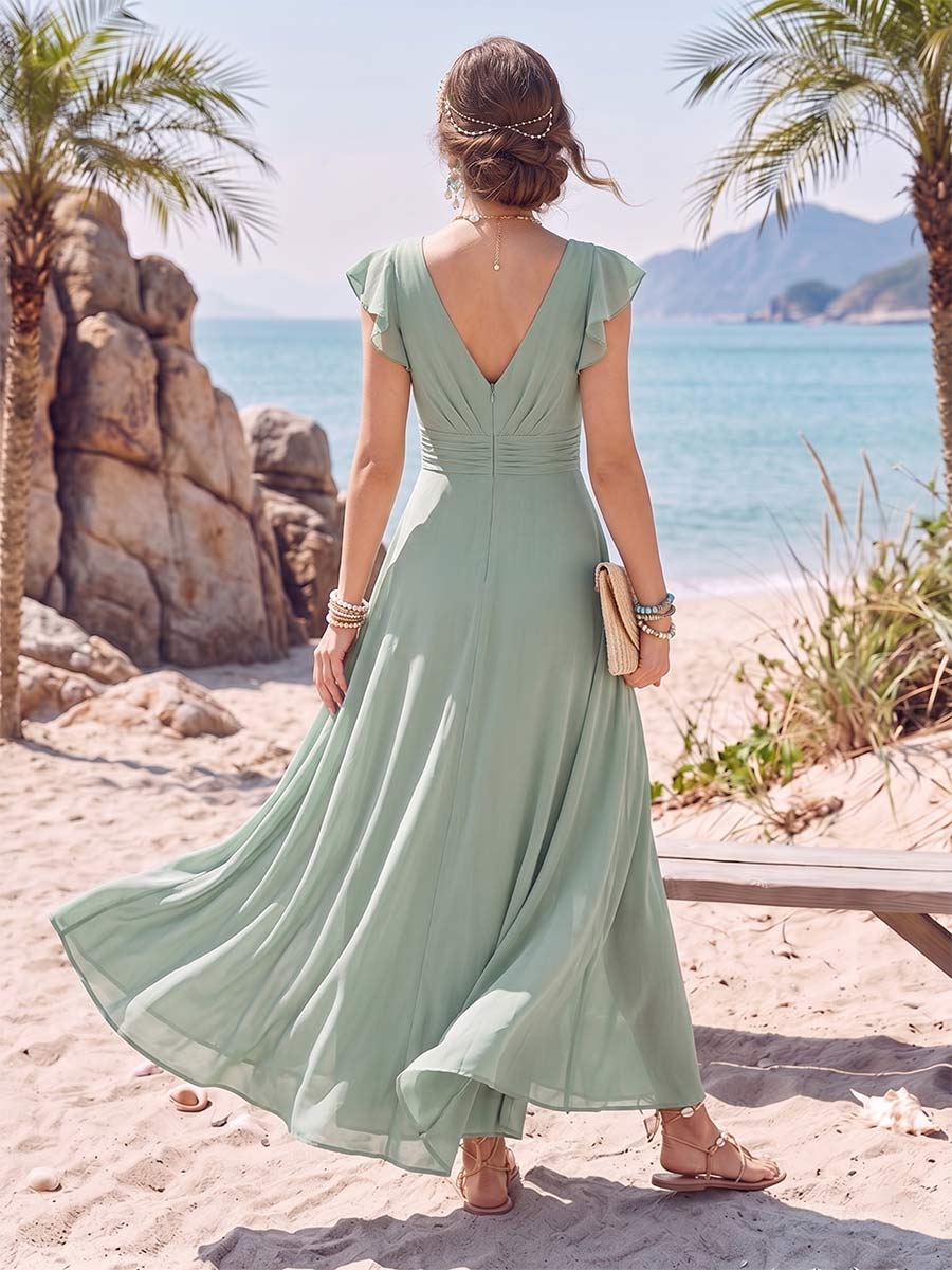 A-Line/Princess Short Sleeves V-Neck Floor-Length Mother Of The Bride Dresses With Ruffles