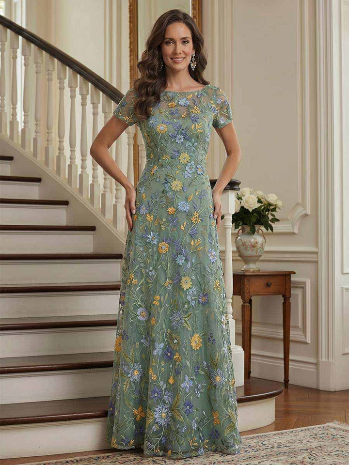 A-Line/Princess Short Sleeves Scoop Floor-Length Mother Of The Bride Dresses With Embroidery