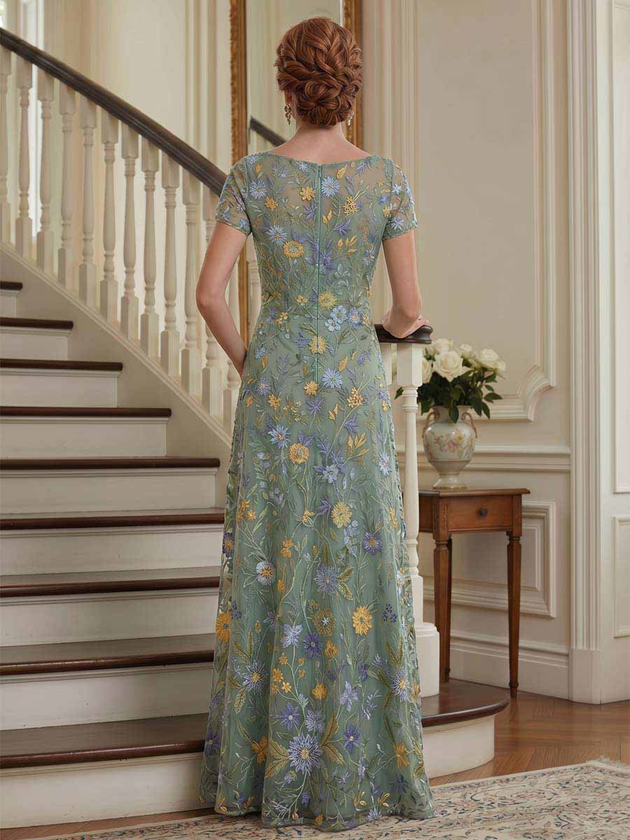 A-Line/Princess Short Sleeves Scoop Floor-Length Mother Of The Bride Dresses With Embroidery