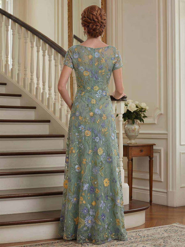A-Line/Princess Short Sleeves Scoop Floor-Length Mother Of The Bride Dresses With Embroidery