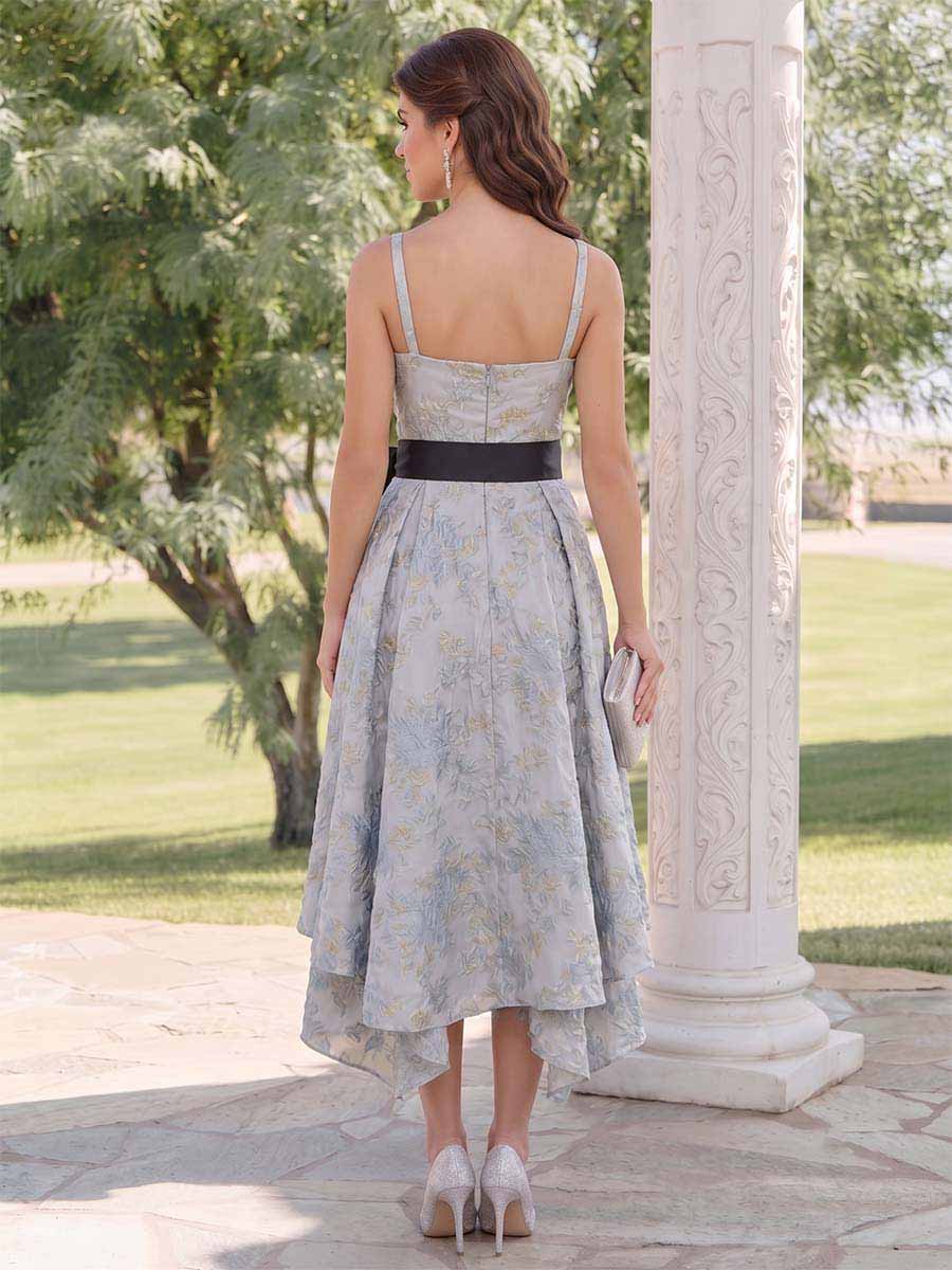 A-Line/Princess V Neck Sleeveless Asymmetrical Wedding Guest Dresses with Bowknot
