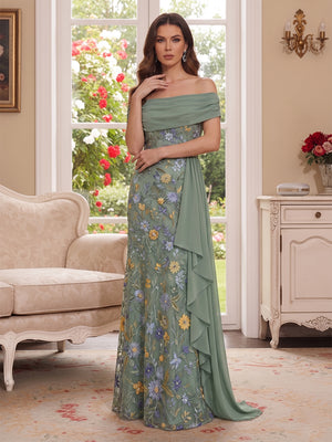 A-Line/Princess Off the Shoulder Sleeveless Floor-Length Mother of the Bride Dresses with Applique & Ruffles
