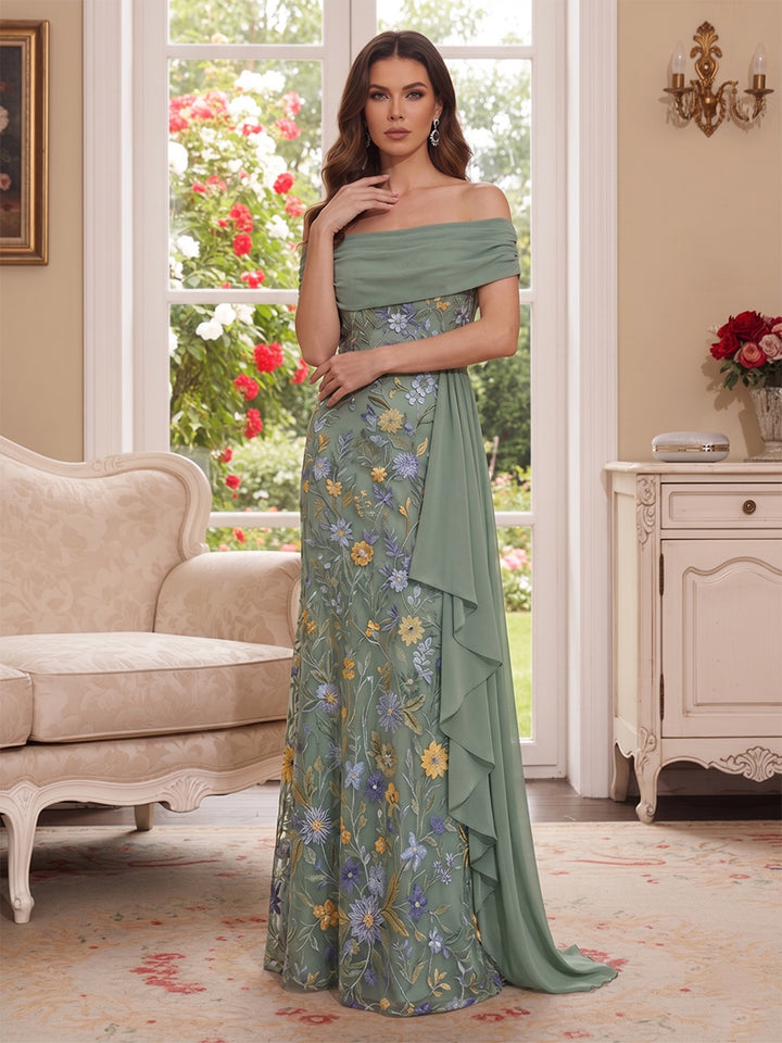 A-Line/Princess Off the Shoulder Sleeveless Floor-Length Mother of the Bride Dresses with Applique &amp; Ruffles