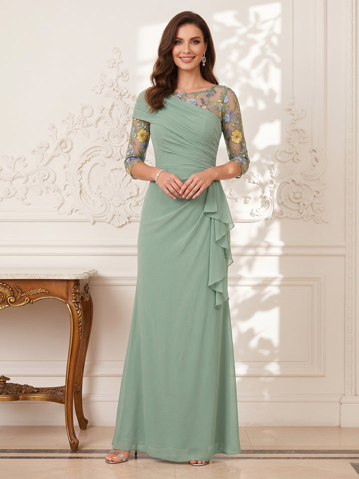 Sheath/Column Scoop 3/4 Sleeves Floor-Length Mother of the Bride Dresses with Applique &amp; Ruffles
