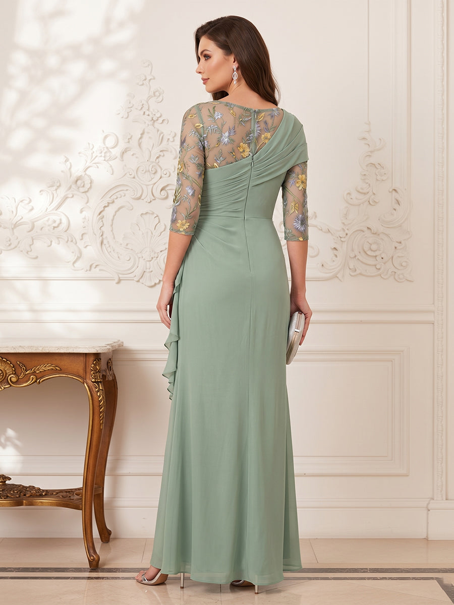 Sheath/Column Scoop 3/4 Sleeves Floor-Length Mother of the Bride Dresses with Applique &amp; Ruffles