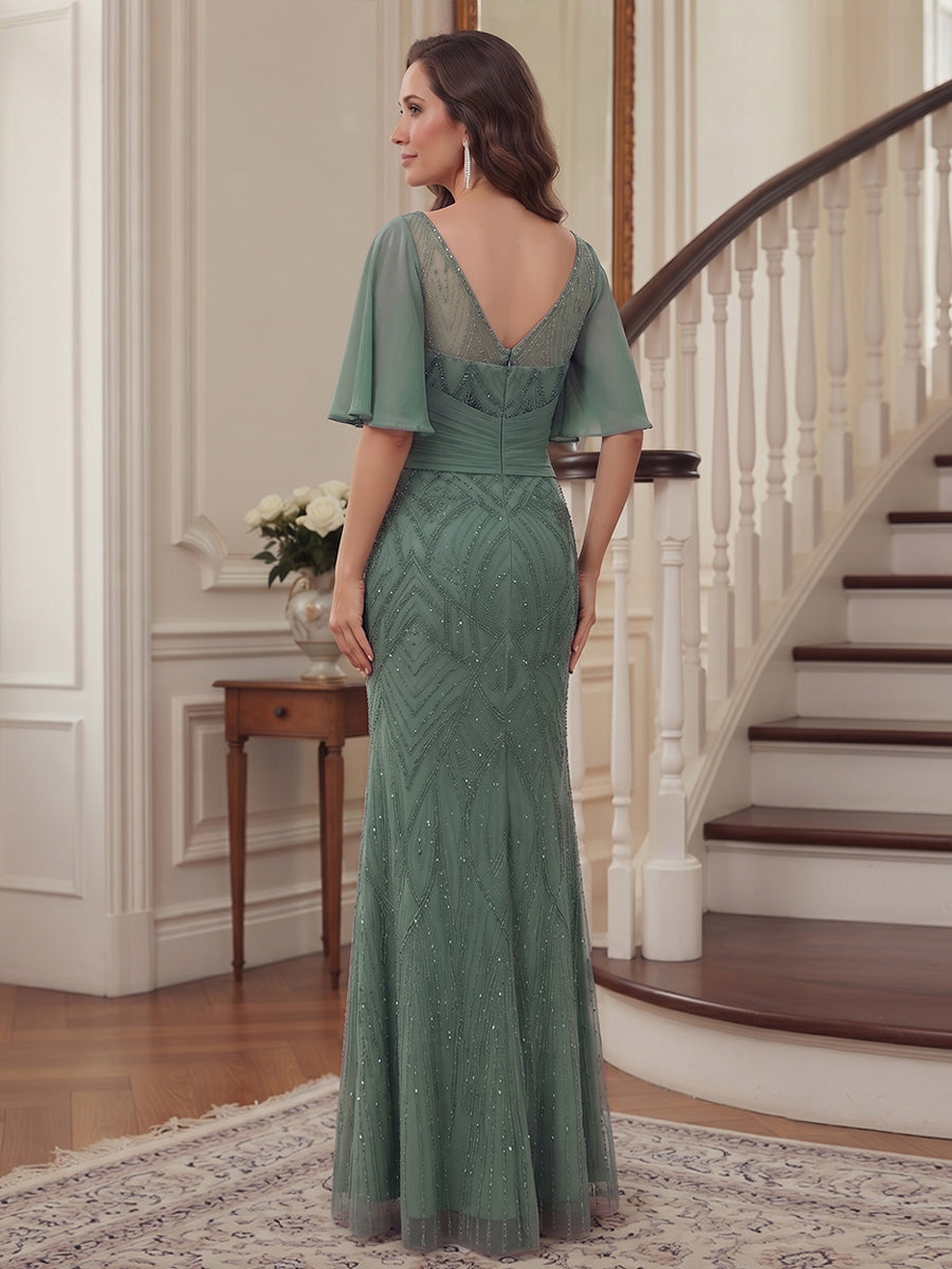 Trumpet/Mermaid V-Neck Half Sleeves Floor-Length Mother of the Bride Dresses with Applique &amp; Split Side