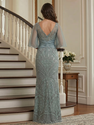 Trumpet/Mermaid V-Neck Half Sleeves Floor-Length Mother of the Bride Dresses with Applique & Split Side