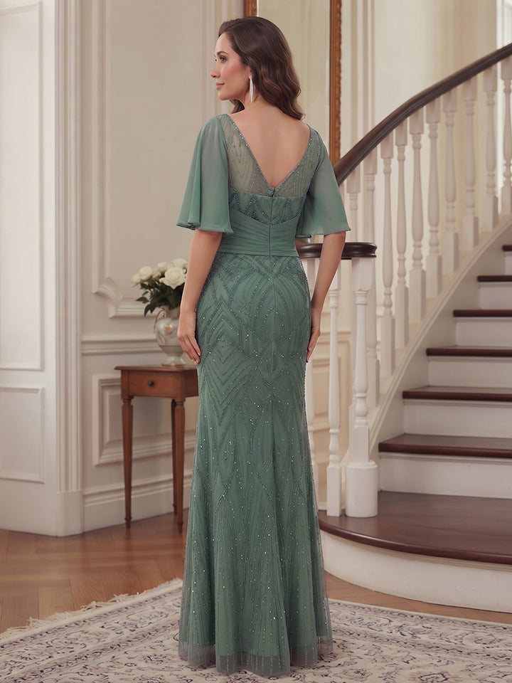 Trumpet/Mermaid V-Neck Half Sleeves Floor-Length Mother of the Bride Dresses with Applique &amp; Split Side