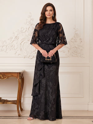 A-Line/Princess Scoop Half Sleeves Floor-Length Mother of the Bride Dresses with Ruffles