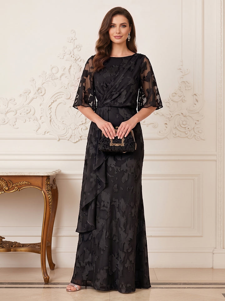 A-Line/Princess Scoop Half Sleeves Floor-Length Mother of the Bride Dresses with Ruffles