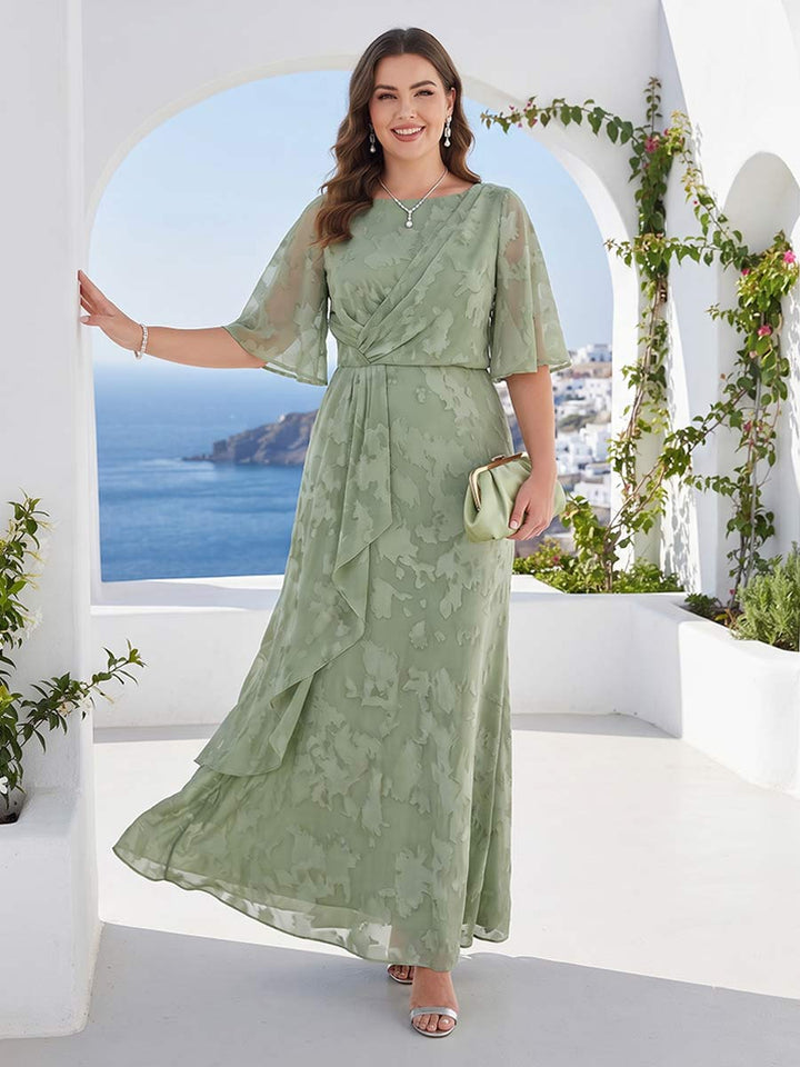A-Line/Princess Scoop Half Sleeves Floor-Length Plus Size Mother of the Bride Dresses with Ruffles