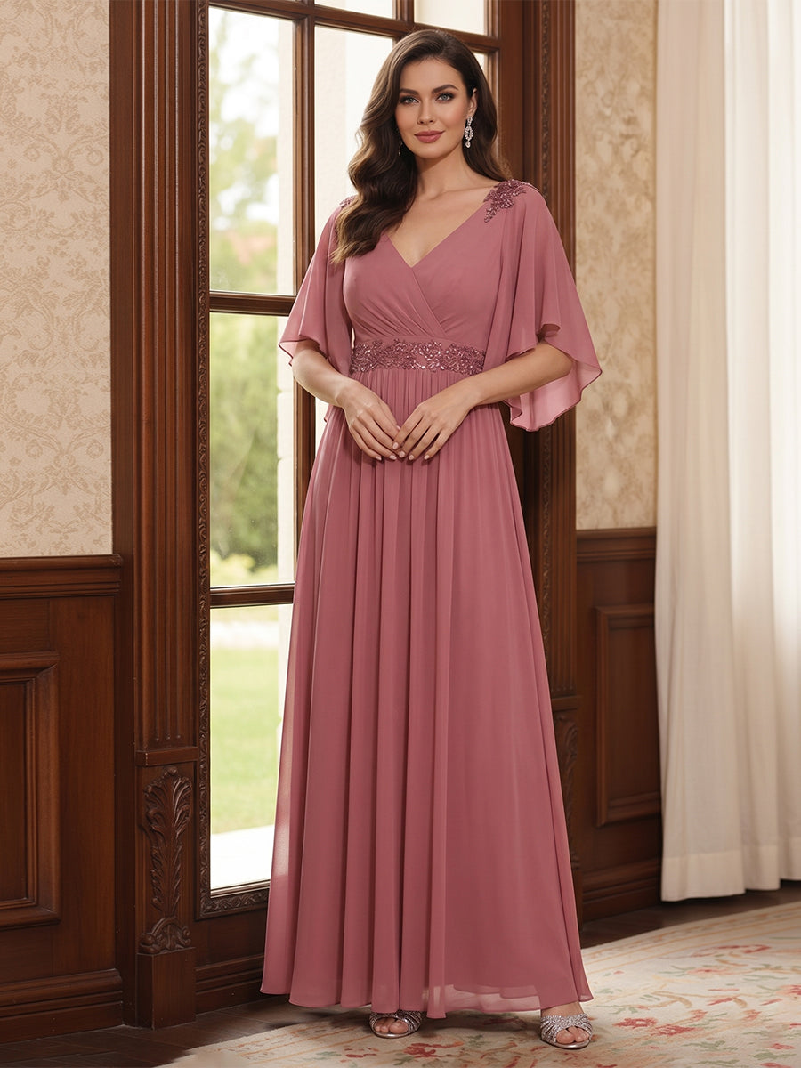A-Line/Princess V-Neck Half Sleeves Floor-Length Mother of the Bride Dresses with Ruffles &amp; Appliques