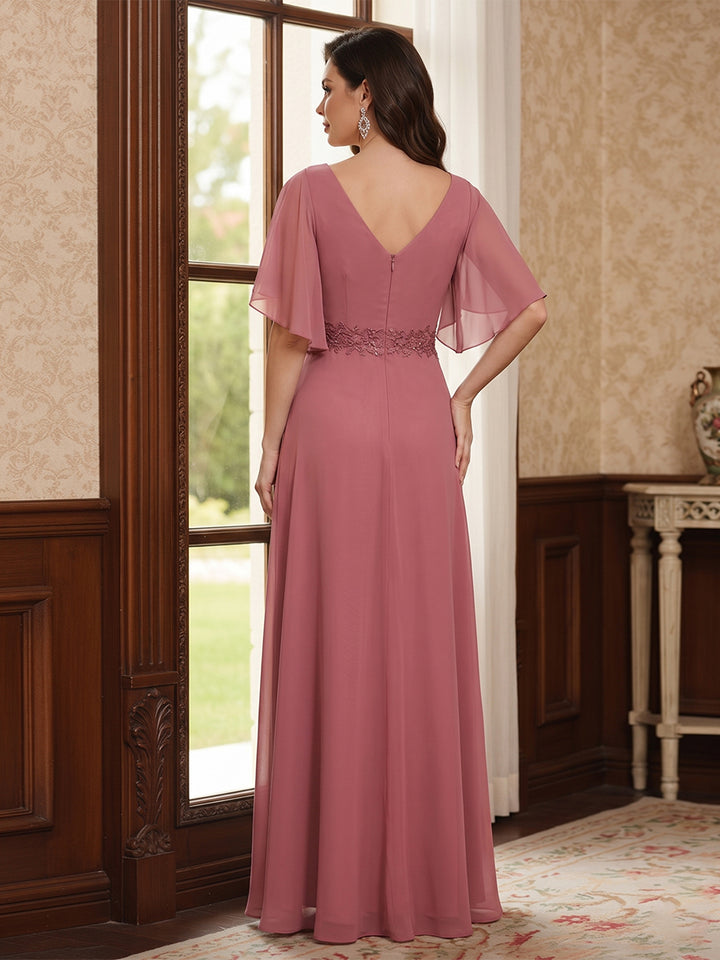 A-Line/Princess V-Neck Half Sleeves Floor-Length Mother of the Bride Dresses with Ruffles &amp; Appliques