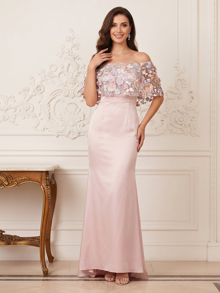 Trumpet/Mermaid Off the Shoulder Half Sleeves Floor-Length Mother of the Bride Dresses with Applique &amp; 3D Floral