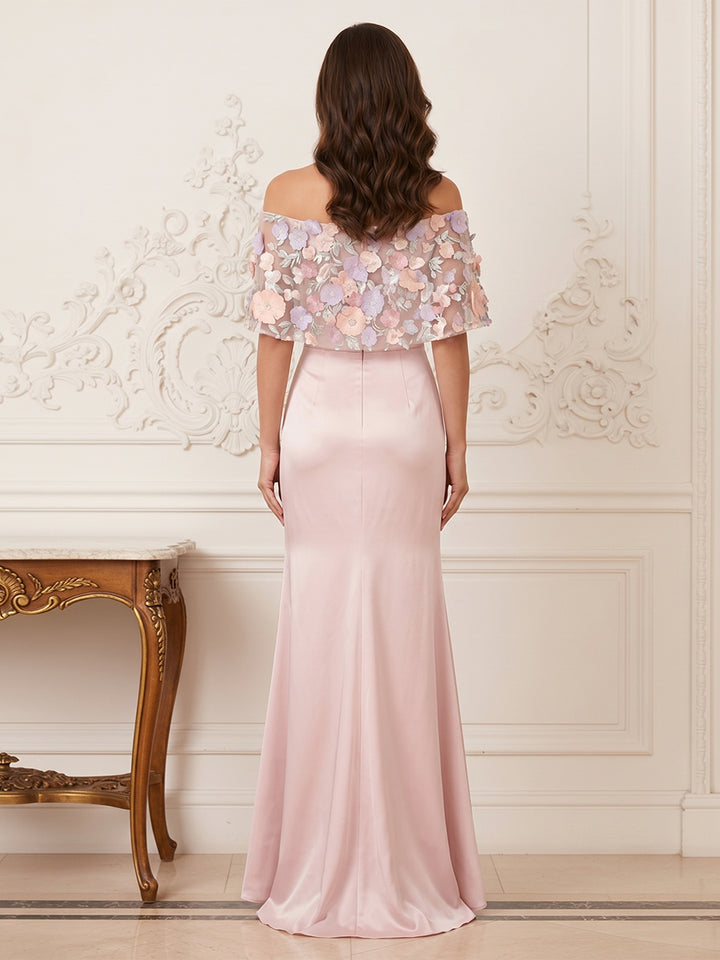 Trumpet/Mermaid Off the Shoulder Half Sleeves Floor-Length Mother of the Bride Dresses with Applique &amp; 3D Floral