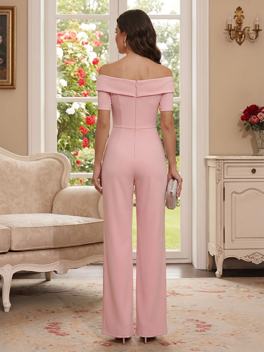 Jumpsuit Off The Shoulder Short Sleeves Floor-Length Mother of the Bride Dresses with 3D Floral