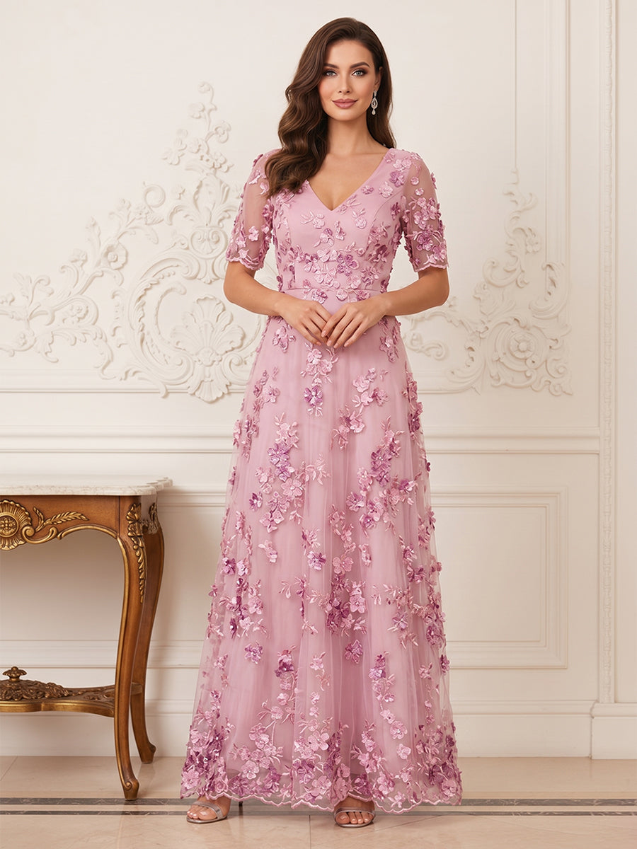 A-Line/Princess Short Sleeves V Neck Floor-Length Mother of the Bride Dresses with 3D Floral