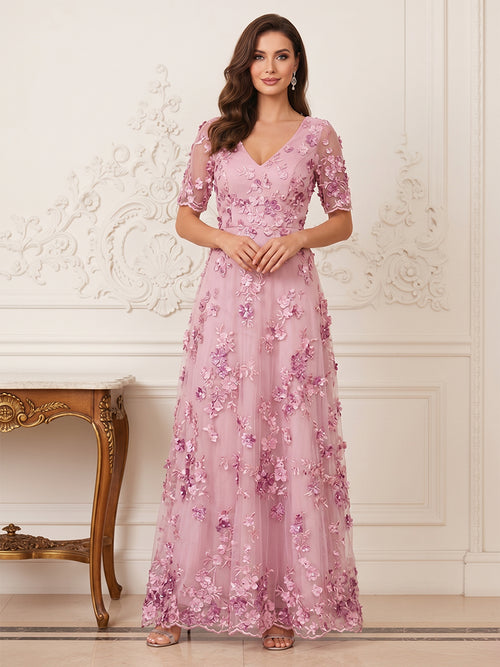 A-Line/Princess Short Sleeves V Neck Floor-Length Mother of the Bride Dresses with 3D Floral