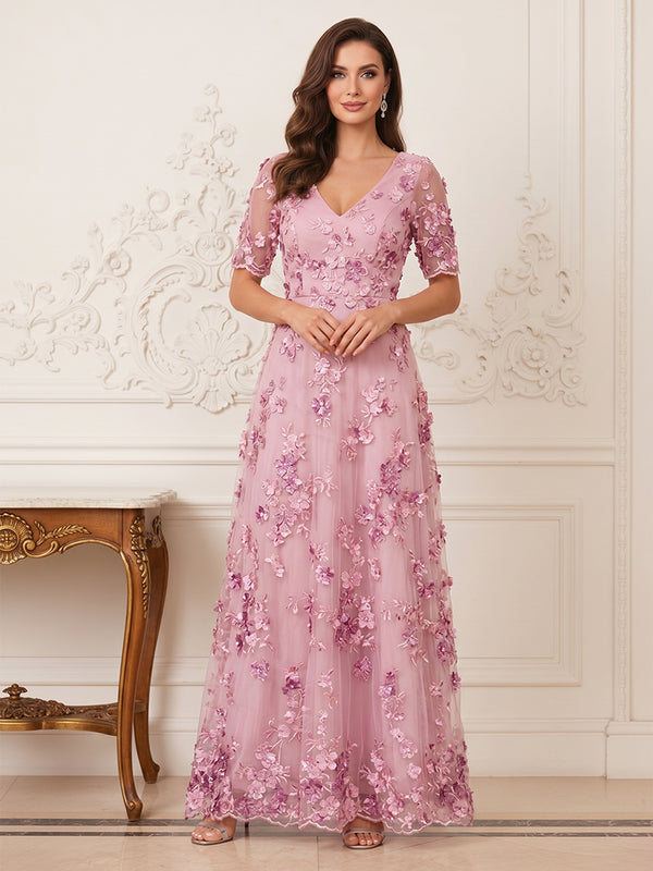 A-Line/Princess Short Sleeves V Neck Floor-Length Mother of the Bride Dresses with 3D Floral