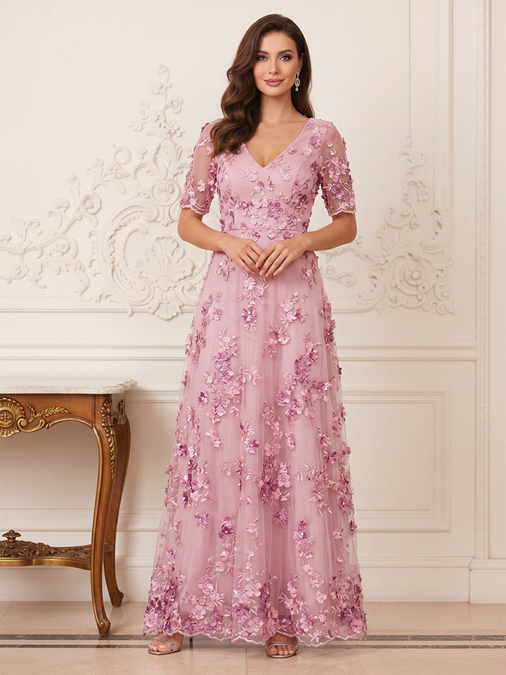 A-Line/Princess Short Sleeves V Neck Floor-Length Mother of the Bride Dresses with 3D Floral