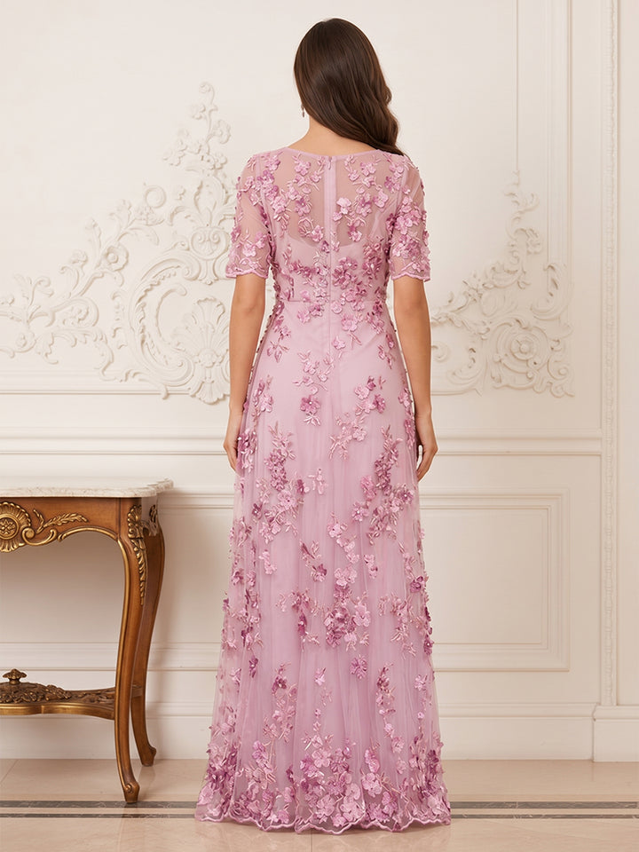 A-Line/Princess Short Sleeves V Neck Floor-Length Mother of the Bride Dresses with 3D Floral