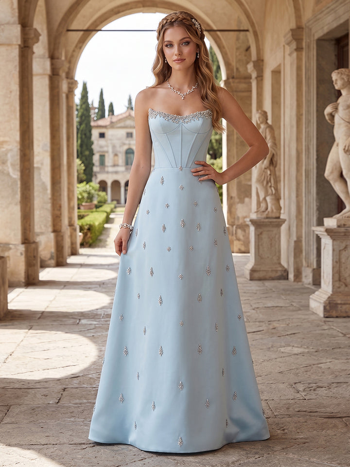 A-Line/Princess Strapless Sleeveless Floor-Length Evening Dresses with Embroidery &amp; Rhinestone
