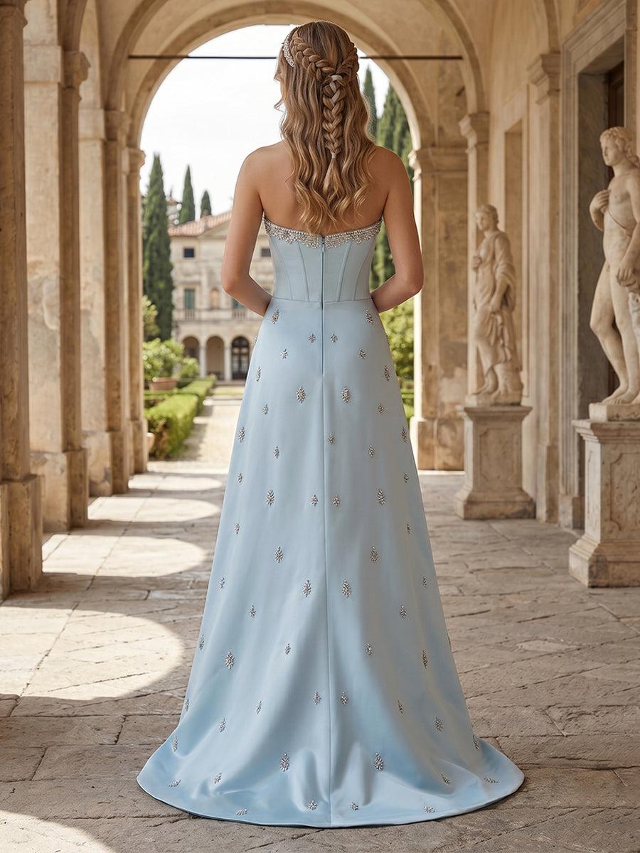 A-Line/Princess Strapless Sleeveless Floor-Length Evening Dresses with Embroidery &amp; Rhinestone