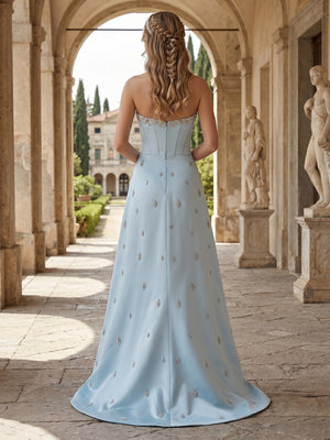 A-Line/Princess Strapless Sleeveless Floor-Length Evening Dresses with Embroidery & Rhinestone