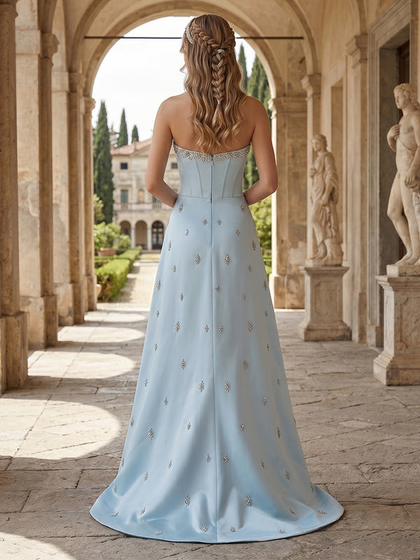 A-Line/Princess Strapless Sleeveless Floor-Length Evening Dresses with Embroidery & Rhinestone