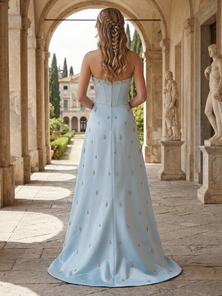 A-Line/Princess Strapless Sleeveless Floor-Length Evening Dresses with Embroidery &amp; Rhinestone