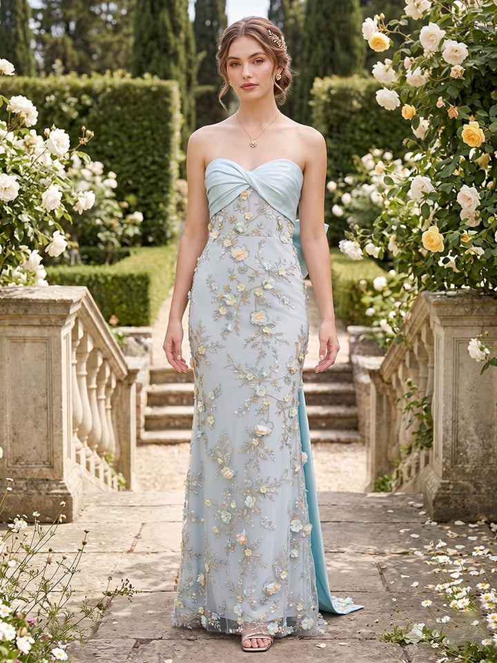 Sheath/Column Strapless Sleeveless Floor-Length Evening Dresses with Bowknot &amp; 3D Floral